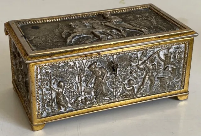 Antique 19th C Jewelry Casket Box Silvered and Gilt Bronze Velvet Lining