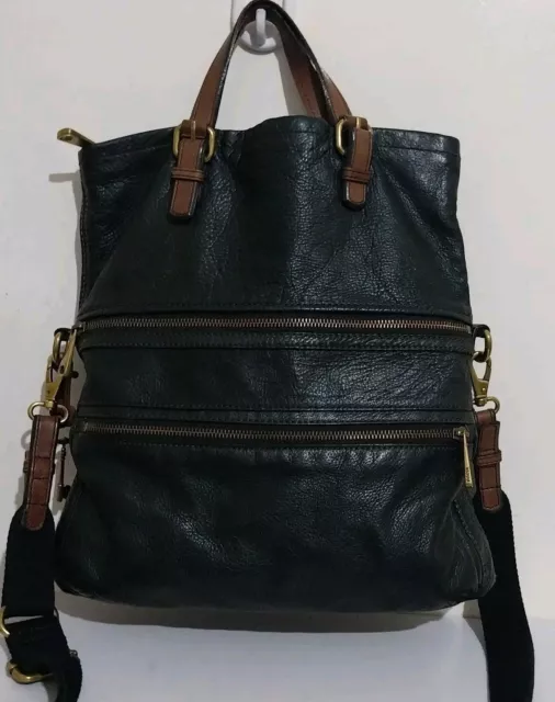 Fossil Explorer Black Leather Large Crossbody Satchel Bag 36cm X 40cm