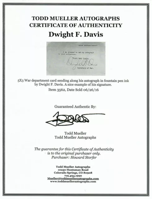 RARE! "Davis Cup" Dwight Davis Signed 3X5 Card COA 2