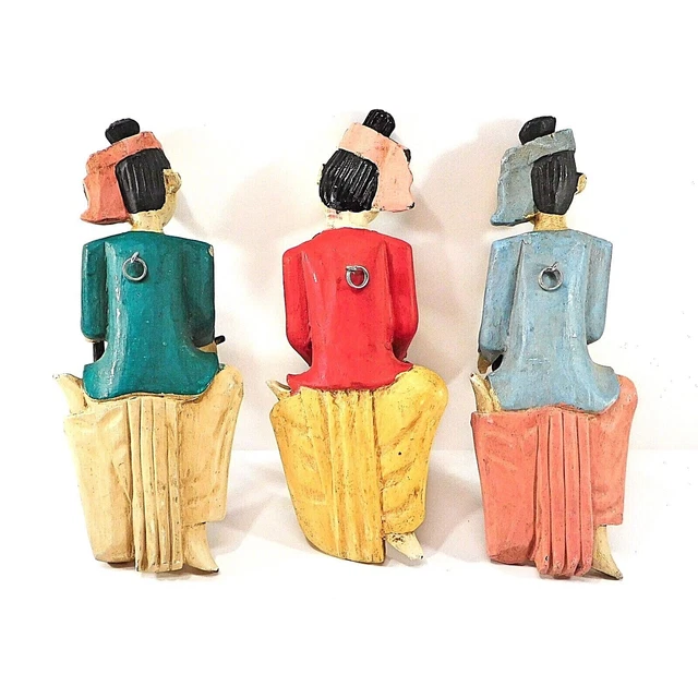 3 Burmese Temple Musicians Wall Plaques Hand Carved Wood Java Burma 10" 11