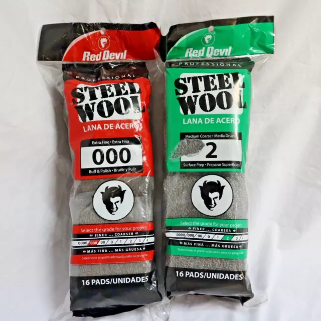 Red Devil Steel Wool Lot 2 Packs of 16 Pads ea. 000 Extra Fine & 2 Medium Coarse