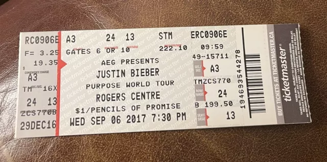 Justin Bieber Rare Unused Phantom Concert Ticket Toronto, On 09/06/2017