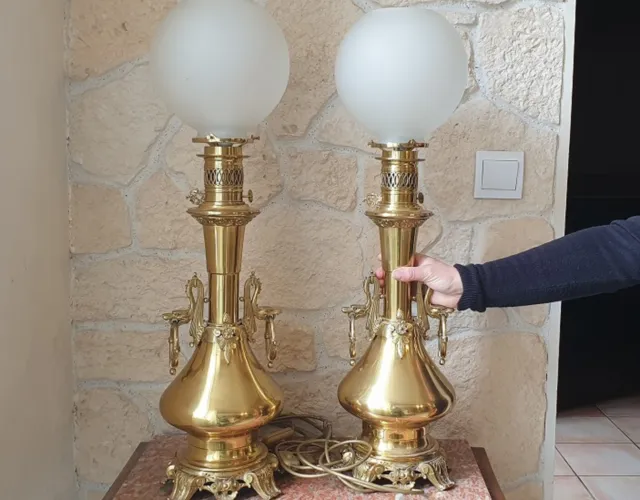 Paire de lampes à pétrole modérateur en bronze laiton XIXé H 70cm ref 807