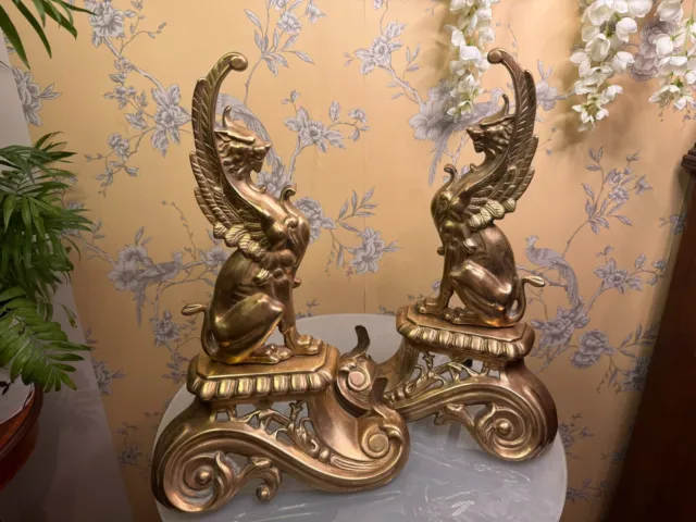 Beautiful Vintage Brass Repoussé Griffin Sphynx Andirons 17" tall