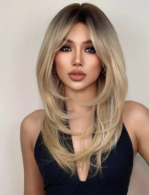 Perruque Synthétique Blonde Doré Longue - Racine Foncée, Bonnet Moyen, Raie Libre, Neuf Sans étiquettes