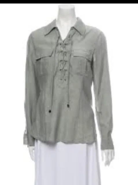 NWOT Lafayette 148 New York Gray Lace-Up V-Neck Roll-Tab Top Women's Size 10