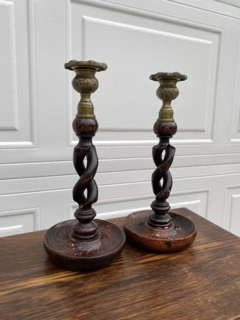 Pair Antique English Oak Open Barley Twist Candlesticks Candle Holder Brass