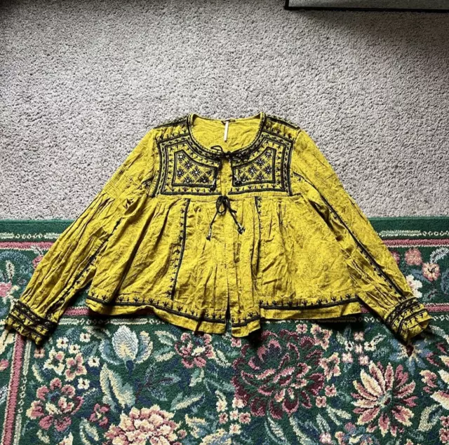 Free People Twilight Cardigan Jacket Medium Embroidered Yellow Mustard Boho Top