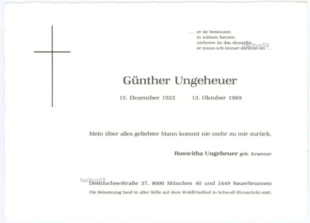 Sterbeblatt Schauspieler Günther Ungeheuer (1925-1989) auf Echt Bütten Derrick