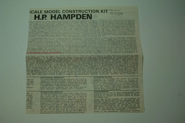 1/72ème PLAN DE MONTAGE POUR H.P. HAMPDEN  -  pour kit AIRFIX