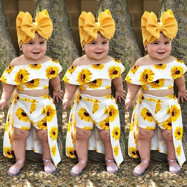 3PCS Newborn Baby Girls Sunflower Romper Tops Pants Headband Clothes Outfits Set