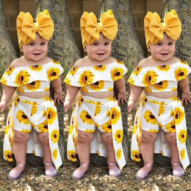 3PCS Newborn Baby Girls Sunflower Romper Tops Pants Headband Clothes Outfits Set