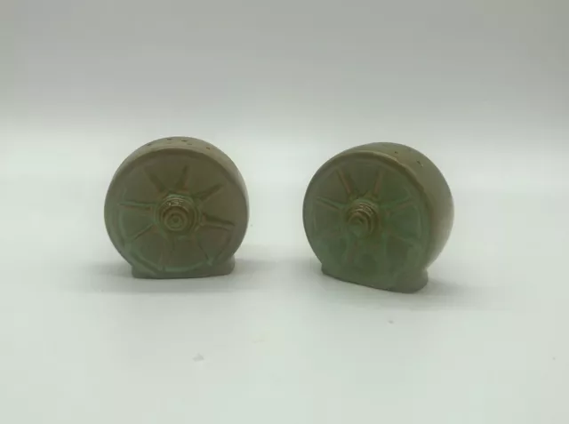 Frankoma Pottery Prairie Green Wagon Wheel Salt and Pepper Shakers Ada Clay