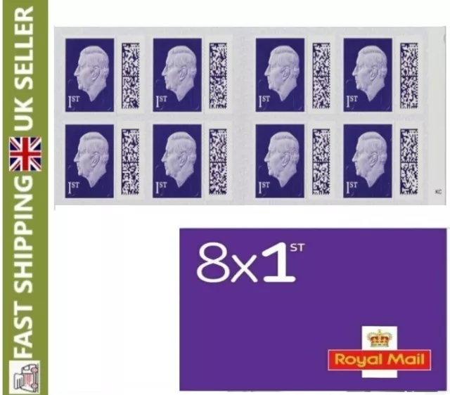 8 x 1st Class Stamps Genuine  Royal Mail NEW Barcoded King Charles First Class