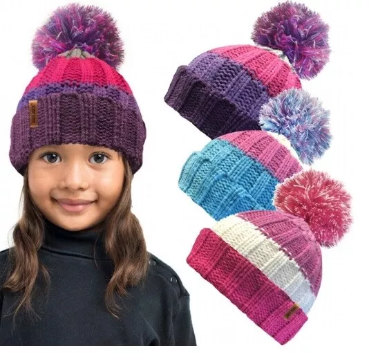 Kids Girls BOBBLE Thermal Insulated Pom Pom Hat Warm Fleece Lined Bright Knitted