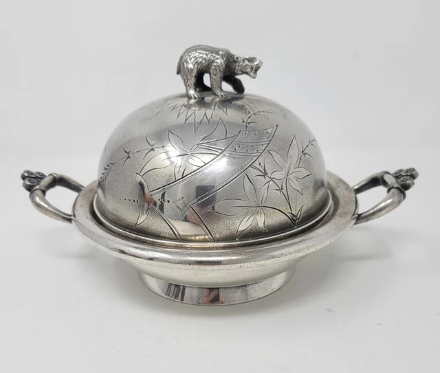 Antique Meriden B. Co Quadruple Plate Silverplate Bear Finial Butter Dish