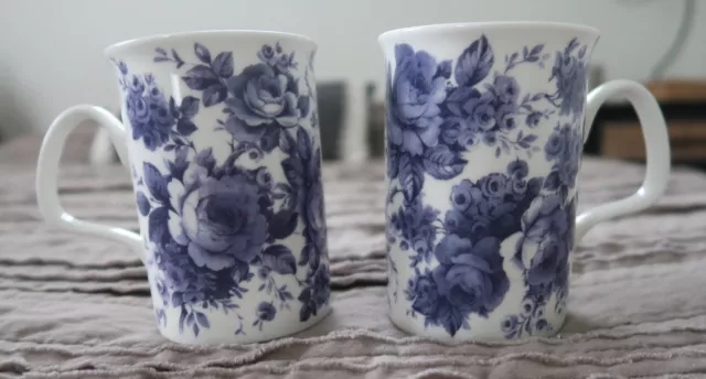 Roy Kirkham English Chintz blue white floral bone china SET OF 2 mugs England