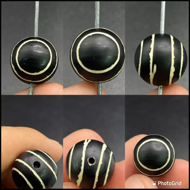 Unique Ancient Etched Agate 4 Stripes Pyu Indo Tibetan Line Decorated Bead 15mm