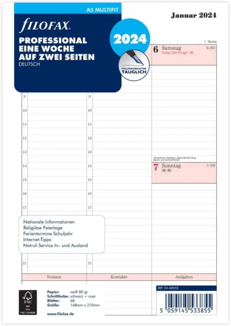 FILOFAX Kalendereinlage A5 Professional 1 Woche Auf 2 Seiten (Deutsch)2024