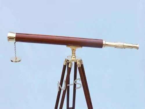 39" Antique Nautical Maritime Shiny Brass Telescope With Wooden Tripod Stand