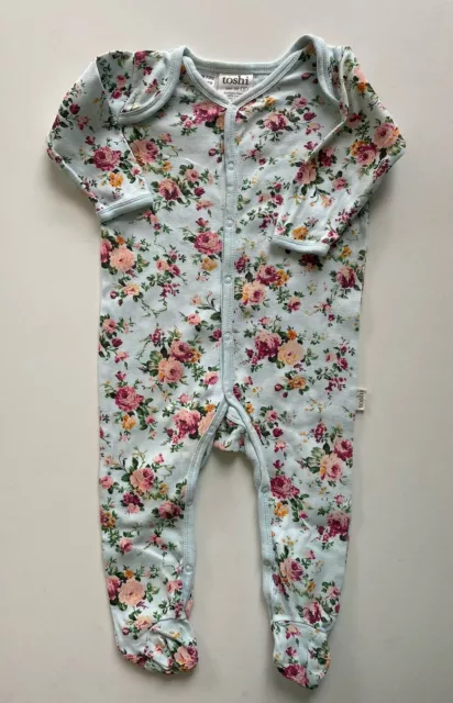 Toshi baby girl size 6-12 months blue one-piece pink roses floral, VGUC