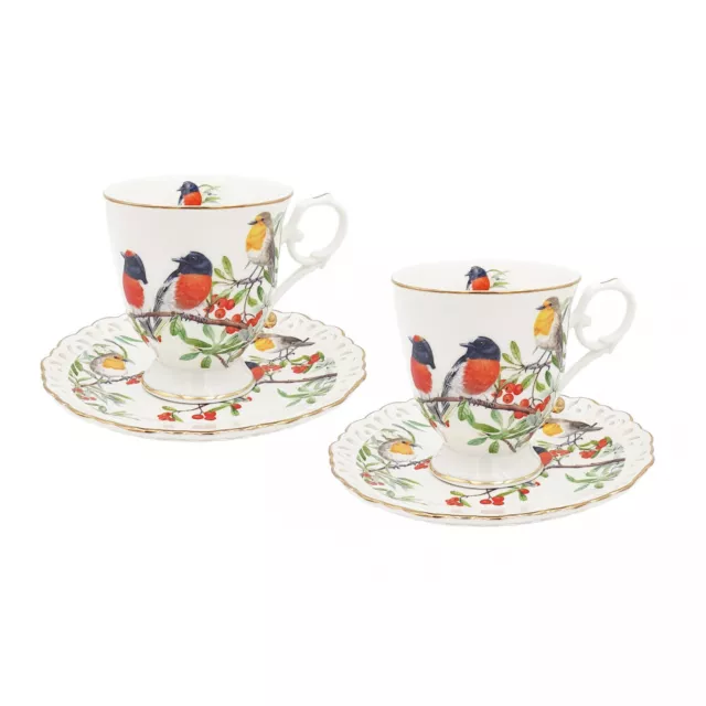 Set of 2 Cups & Saucers 220cc Red Breasted Robin Bird Fine Bone China w GiftBox