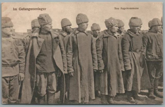 RUSSIAN PRISONERS OF WAR in GERMAN CAMP WWI ERA ANTIQUE POSTCARD