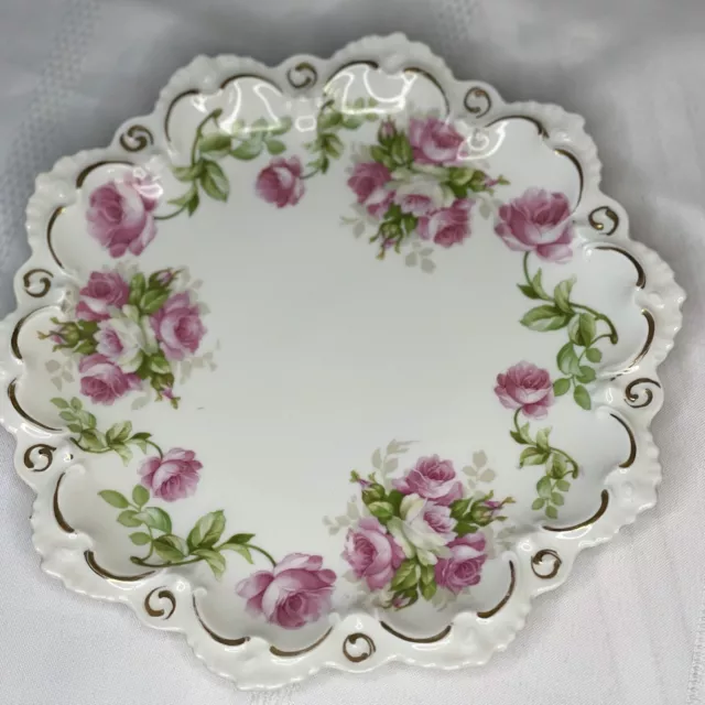 Antique Moritz Zdekaur Austrian Porcelain Plate with Pink Rose Decorations