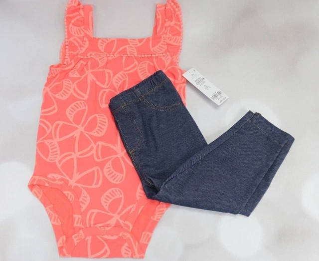 NWT Carters Baby Girl 2 Piece Flutter Bodysuit/Denim Pant Set
