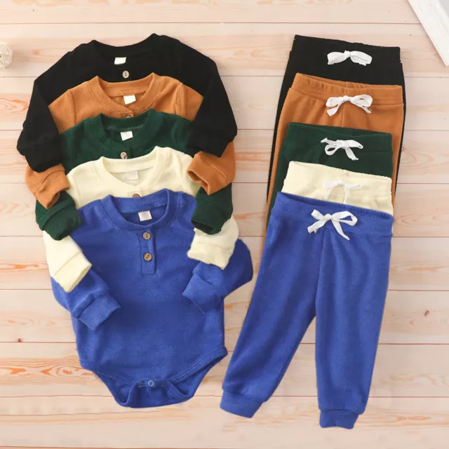 Newborn Infant Baby Girls Boys Winter Long Sleeve Solid Shirt Tops Pants 2PCS