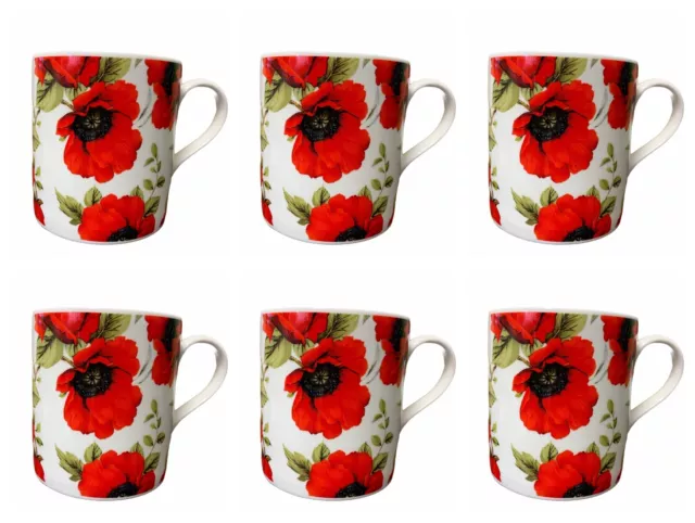 Set of 6 Poppy Design Coffee Tea Fine Bone China Mugs Poppy Mug Set