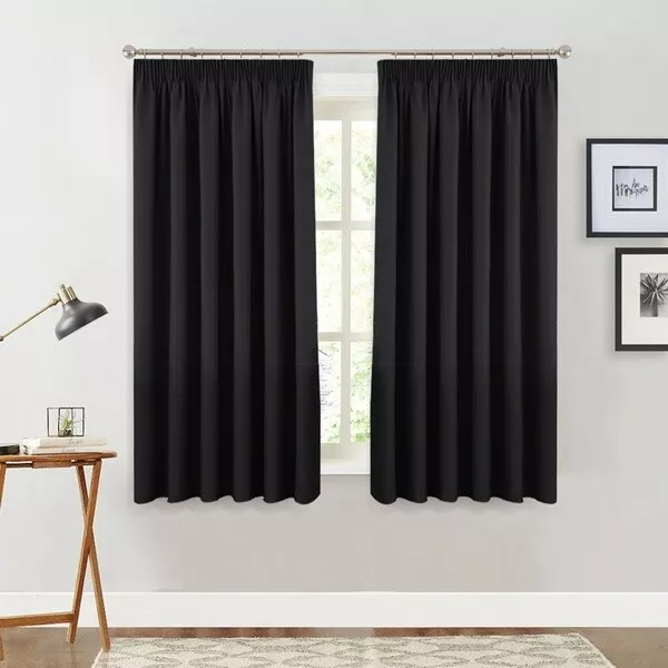 100% Blockout Curtains 2x130x160cm PINCH PLEAT Blackout High Level Fabric Black