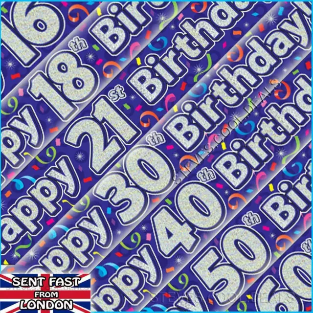 Happy Birthday Age Banners Blue Holographic Streamers 9Ft Long Party Banner New