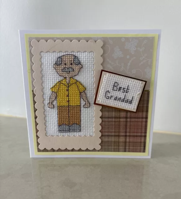 Best Grandad Hand Stitched Cross Stitch Greeting Card **NEW**