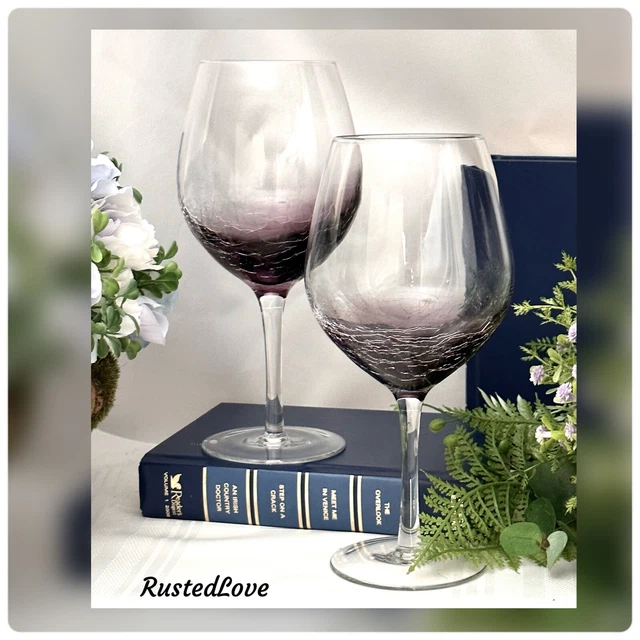 Pier 1 Purple Crackle Glasses Wine Large Bowl Glasses 18 Oz Hand Blown Glasses *