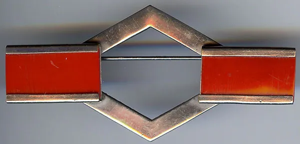 Vintage 1930'S Art Deco Chrome & Red Bakelite Era Plastic Geometric Bar Pin*