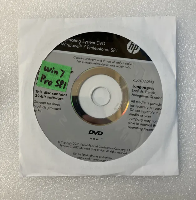 ~ New HP Microsoft Windows 7 Professional SP1 32-bit Reinstallation DVD (No Key)