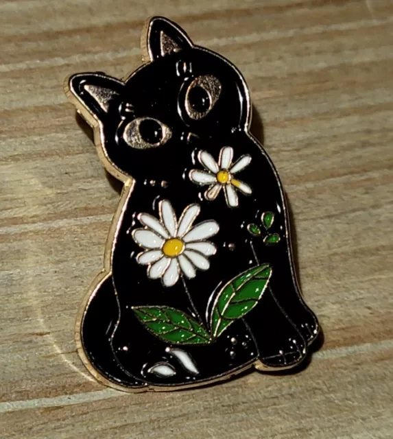 Black Cat Pin W/ Daisy's Flower's  Pin Brooch