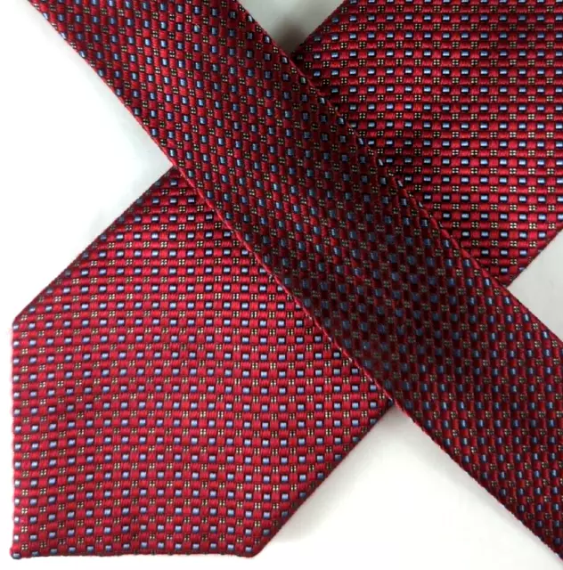 Jos A Bank Mens Tie, Red w/ Blue Geometric Check Pattern, 100% Silk