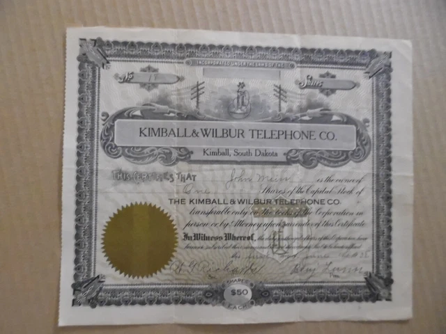 1908 Kimball & Wilbur Telephone Company Stock Certificate South Dakota Antique