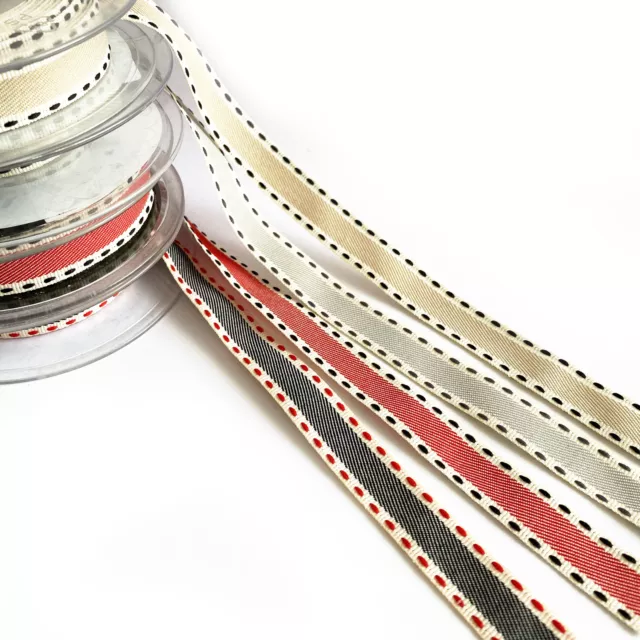 Vintage Stitch Stripe Ribbon 15mm | Red Grey Beige Blue Cream | Metre or Roll