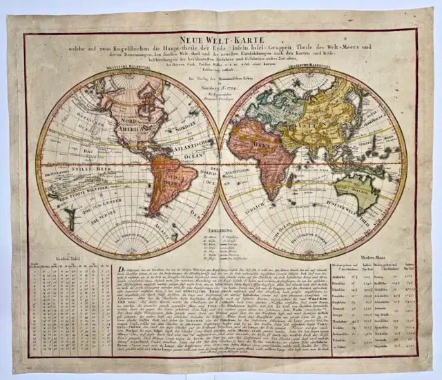 World Map 1784 Homann Hrs Large Antique Engraved Map 18Th Century