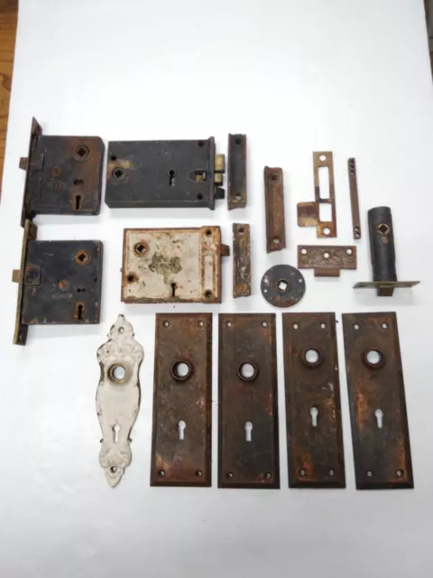 Antique 17pc Door Lock Hardware Lot Corbin Pexto Surface Mount Mortise Escutcheo