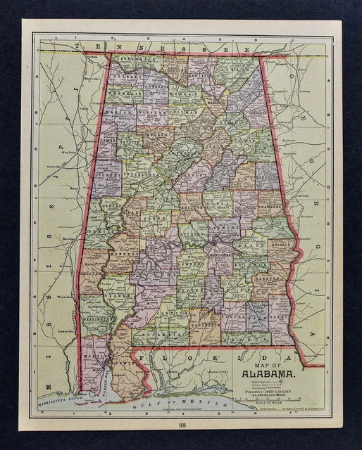 1892 Map Alabama Montgomery Birmingham Mobile Huntsville Talladega Tuscaloosa AL