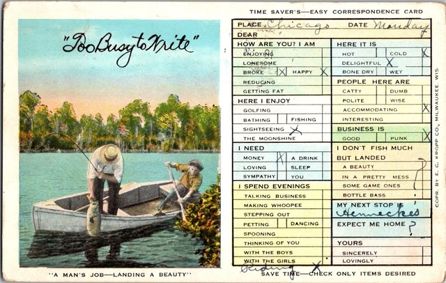 Postcard Time Savers Easy Correspondence Card Fishing A Man's Job Landing Beauty