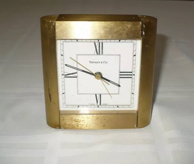 Vintage Tiffany & Co Heavy Brass Shelf Mantle Desk Clock " Swiss T " Quartz