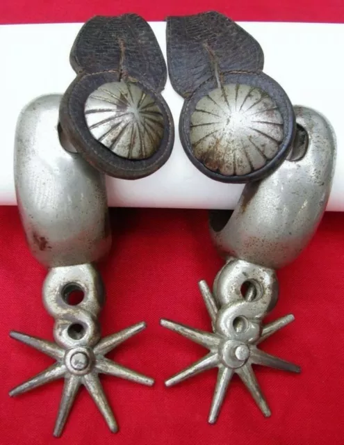 MASSIVE! 5.5 POUNDS 1870s HAND FORGED BIG IRON FOLK ART SPURS WITH PERIOD STRAPS