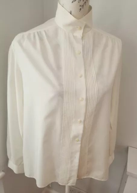 Vintage St Michael Blouse Shirt Silk Feel High Neck Pintuck Edwardian Look 14 16