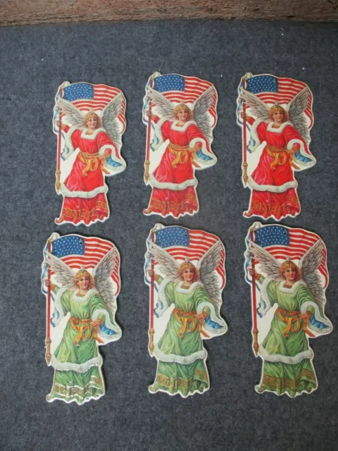 6 - Vintage Angel & American Flag Die Cut Cardboard Ornaments Double Sided