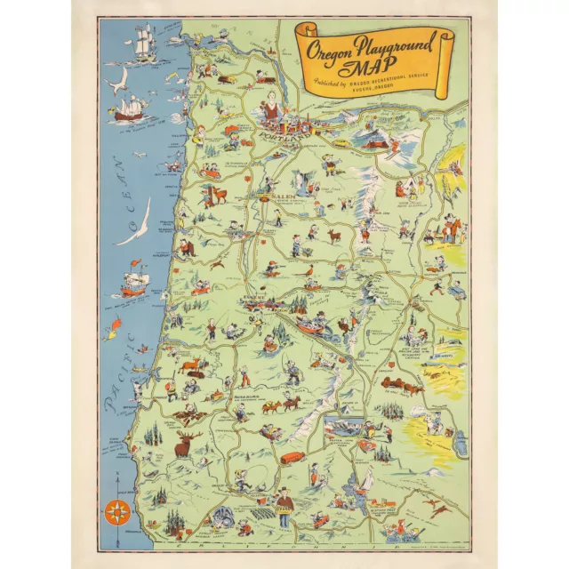 Map Ors 1936 Oregon State Playground Pictorial Large Wall Art Print 18X24 In